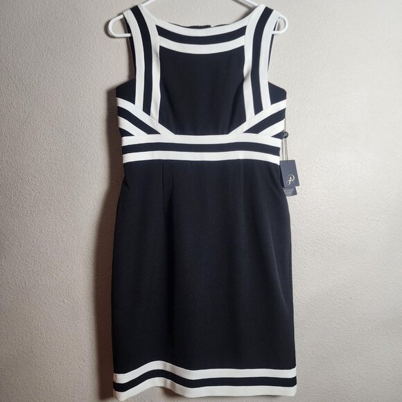 Adrianna Papell Dress Womens 8P Black White Striped Crepe Sheath New  Colorblock Midi
